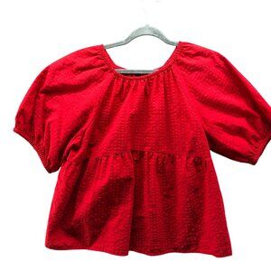 Old Navy Puff Sleeve Seersucker Top Womens L Red Babydoll